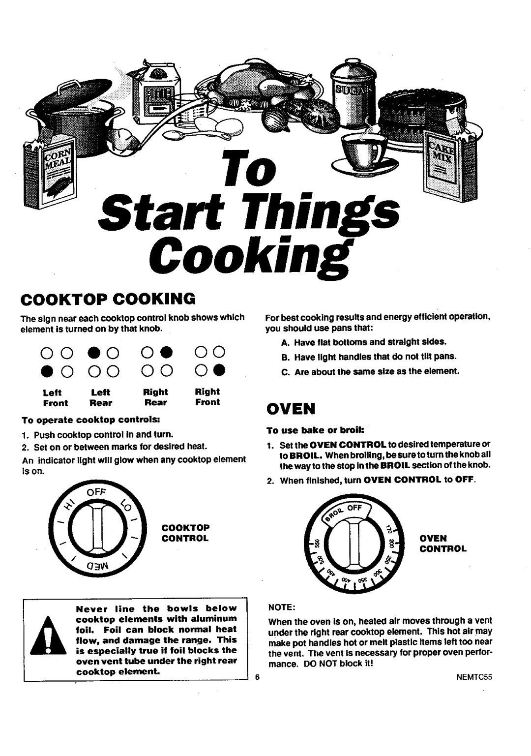 Sears 45221, 45321, 45320 warranty Cooktop Cooking, Control Cooktop, Oven Control 