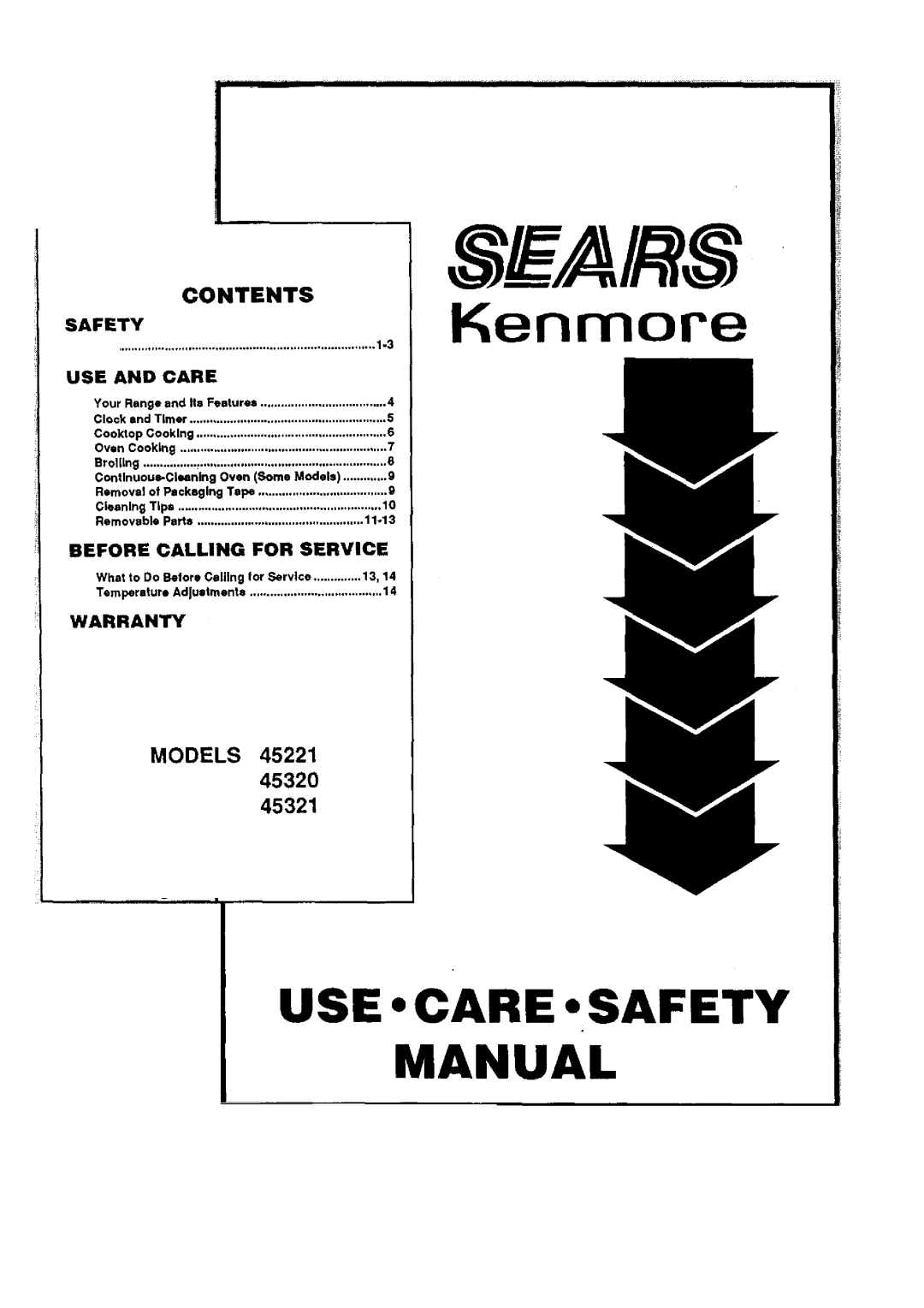 Sears 45221, 45321, 45320 warranty Use Care Safety Manual, Contents, Models, Kenmore 
