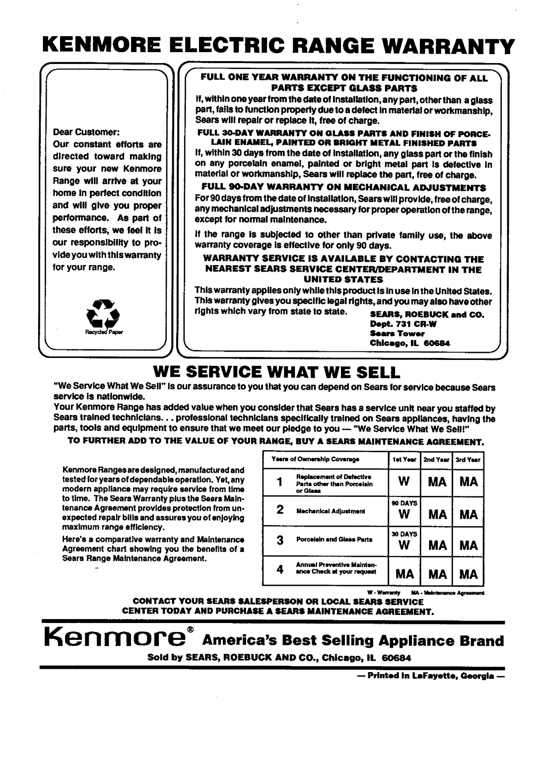 Sears 45221, 45321 Kenmore Electric Range Warranty, PcrcelalnandGlauPart,w, h.. .,A,lu.m.4, c .c, We Service What We Sell 
