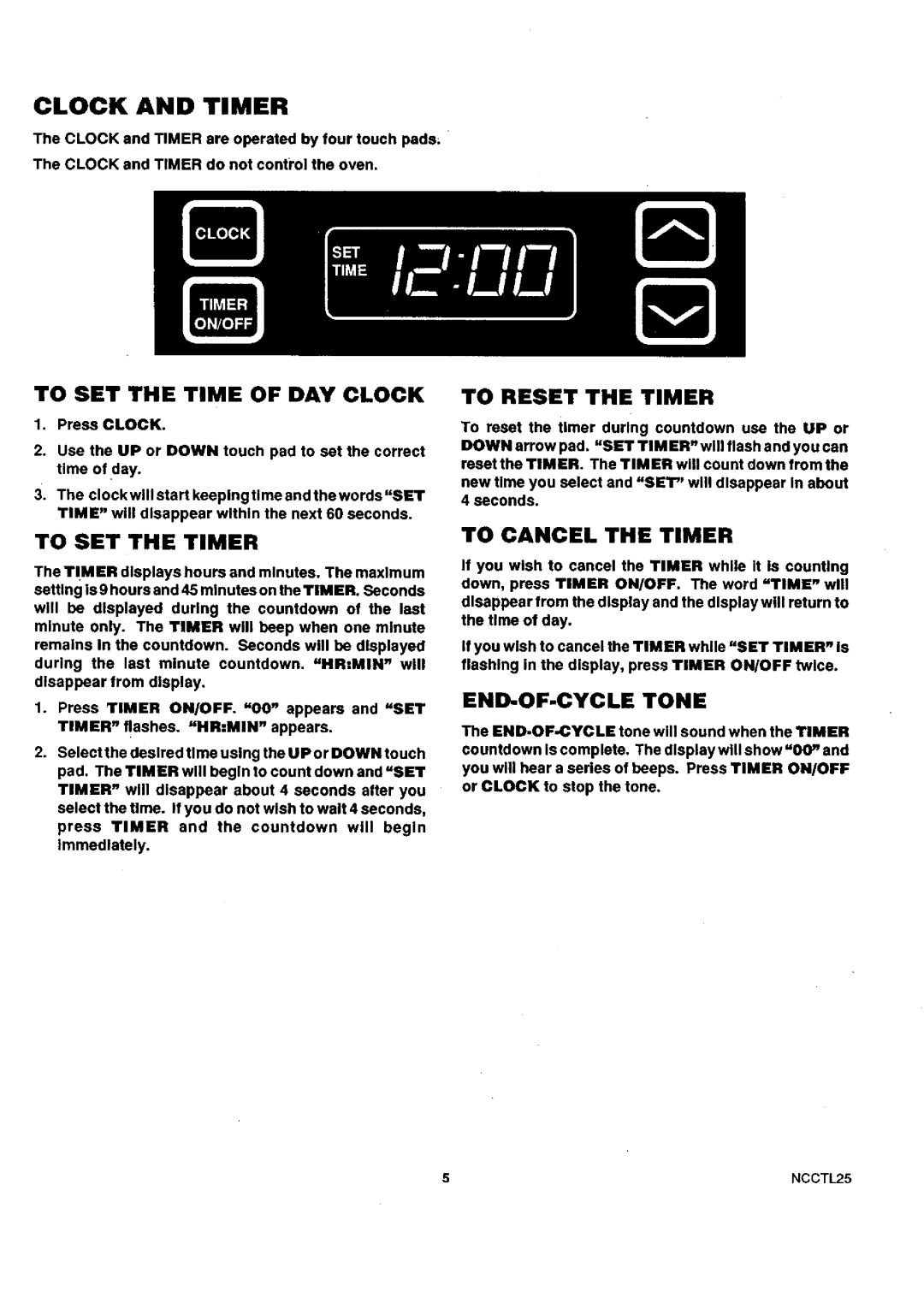 Sears 45321 Clock And Timer, To Set The Time Of Day Clock, To Set The Timer, To Reset The Timer, To Cancel The Timer 