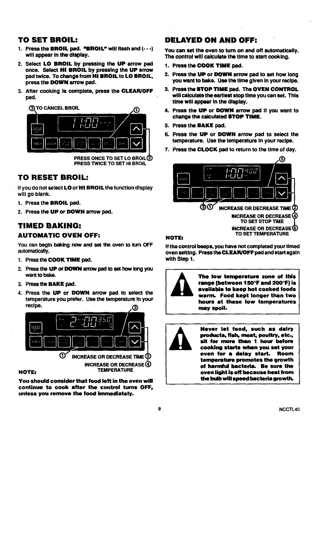 Sears 45521, 45520 warranty To SET Broil, Delayed on and OFF, Timed Baking, To Reset Broil 