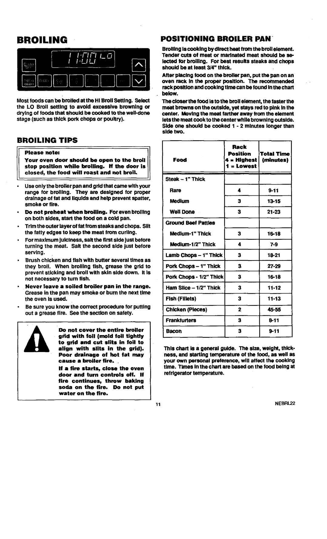 Sears 45521, 45520 warranty Positioning Broiler PAN, Broiling Tips 