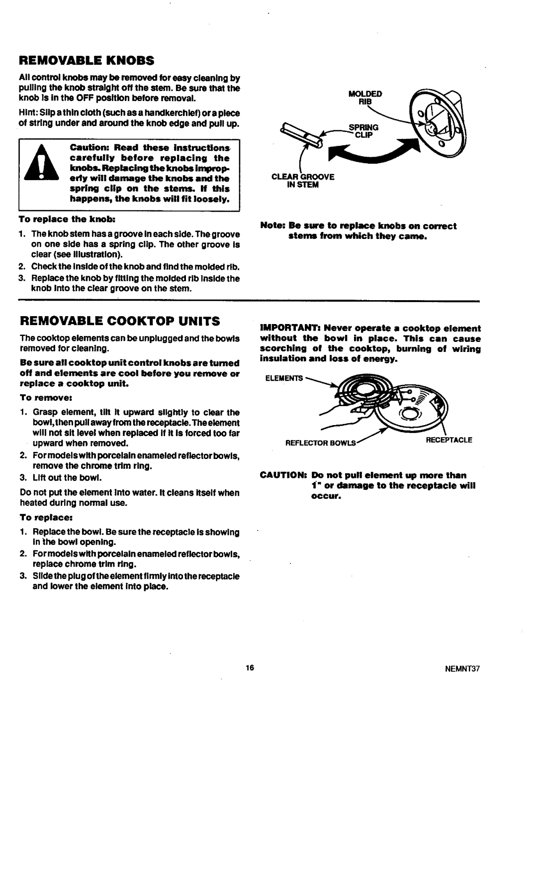 Sears 45520, 45521 warranty Removable Knobs, Removable Cooktop Units 