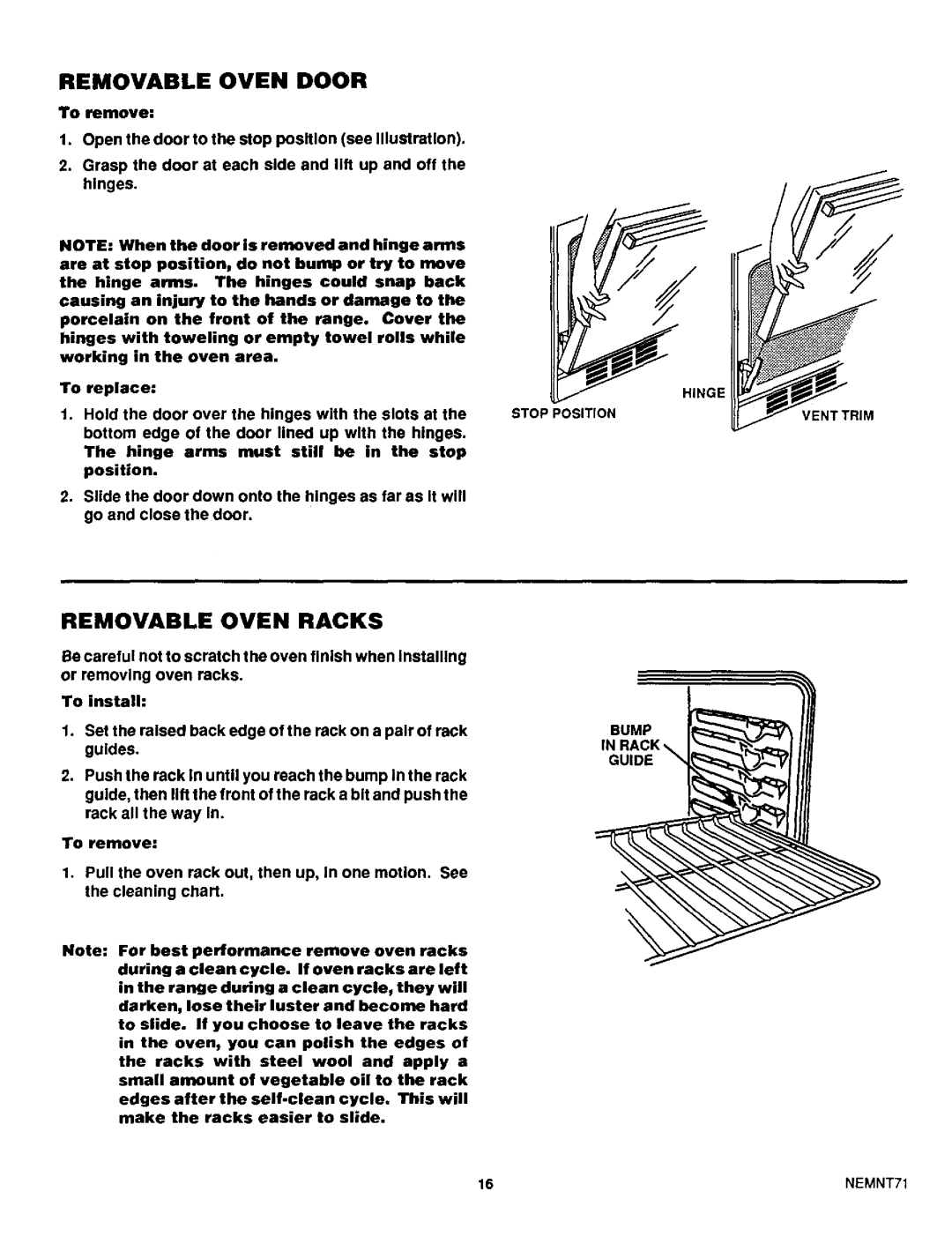 Sears 45520, 45521 warranty Removable Oven Door, Removable Oven Racks 