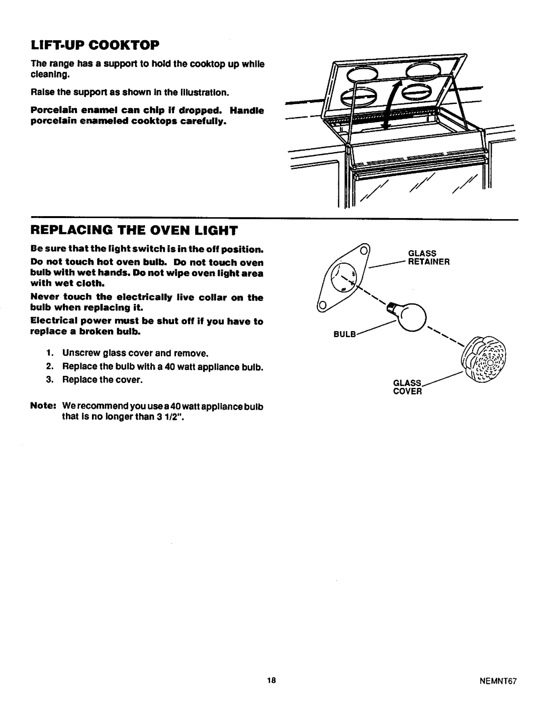 Sears 45520, 45521 warranty LIFT-UP Cooktop, Replacing the Oven Light, Glass Cover 