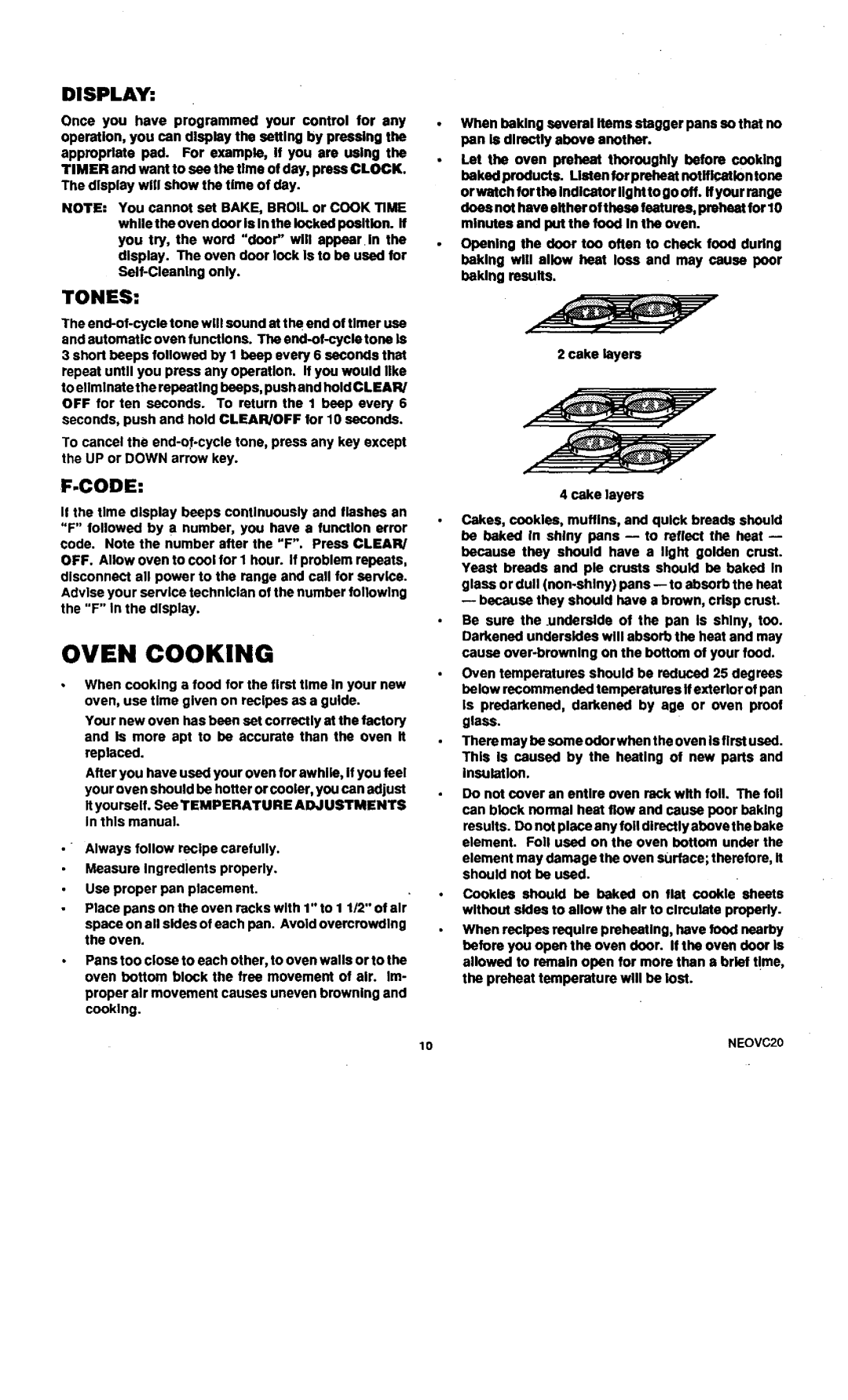 Sears 45520, 45521 warranty Oven Cooking, Display, Tones, F-Code 