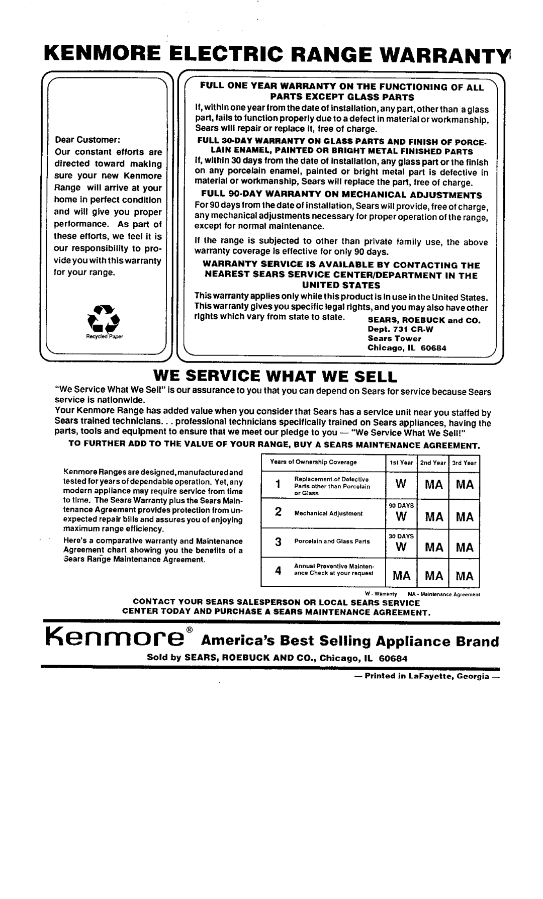 Sears 45521, 45520 warranty We Service What We Sell, p..sotherthanPorcelain W, Kenmore Electric Range Warranty 