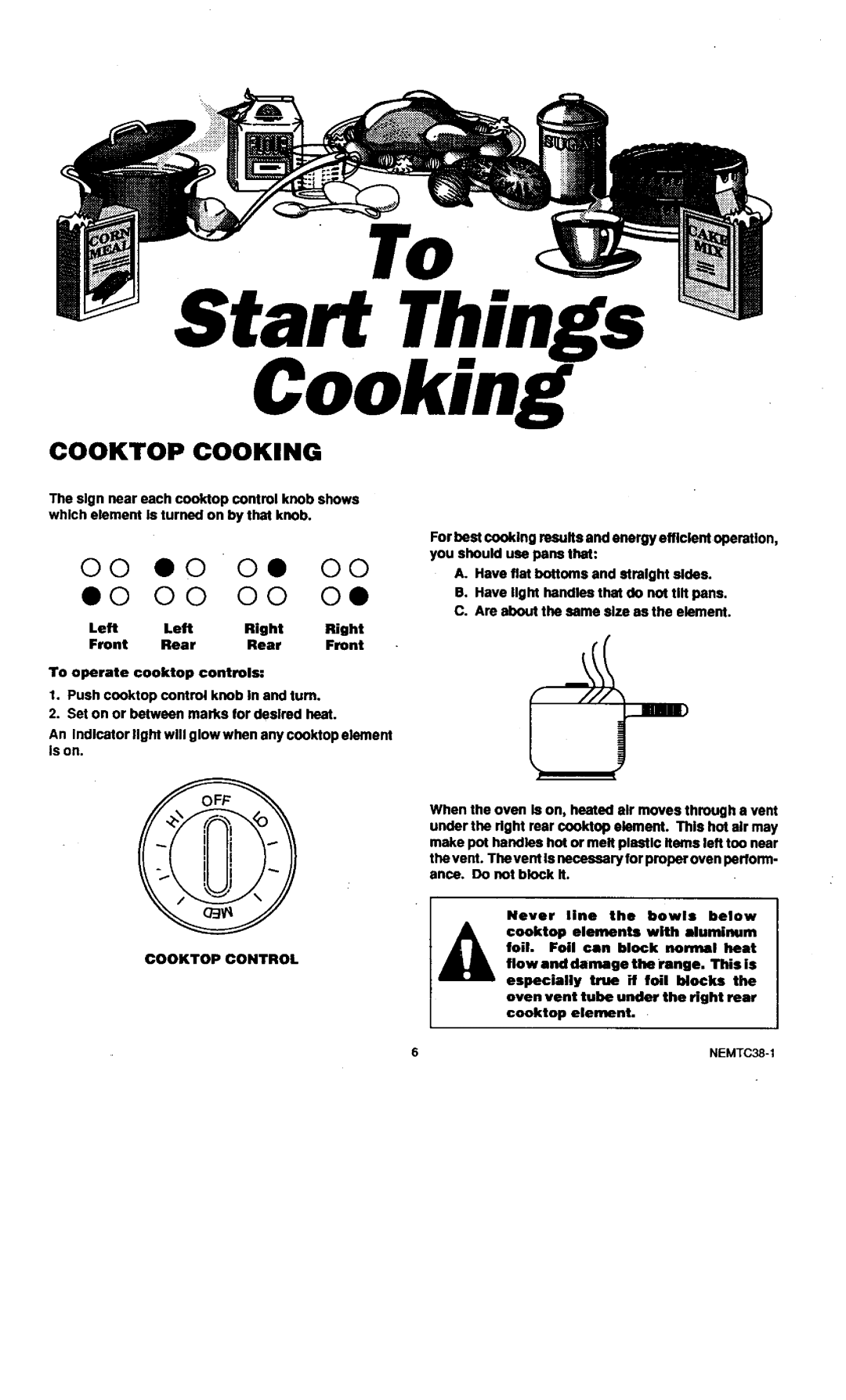 Sears 45520, 45521 warranty Cooktopcooking, To Start Things Cooking, O0 eO Oe O0 eO O0 O0 Oe 