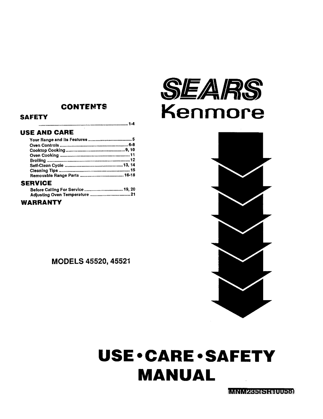 Sears 45520, 45521 warranty Use • Care • Safety Manual, Models, Contents, Kenmore 