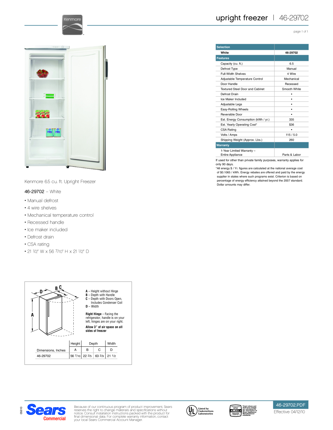 Sears 46-29702 specifications upright freezer, Kenmore 6.5 cu. ft. Upright Freezer, White Manual defrost 4 wire shelves 