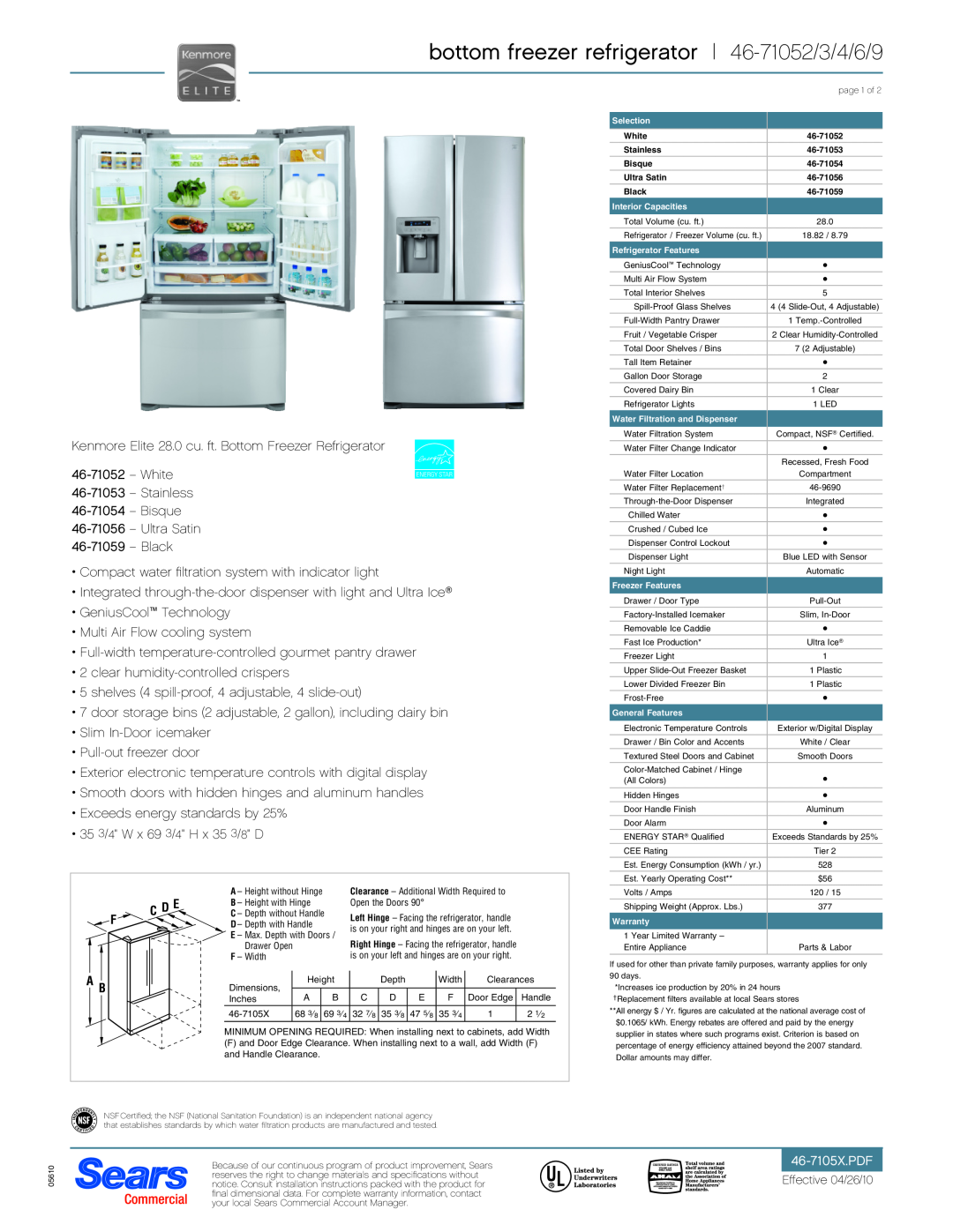 Sears 46-71059, 46-71053, 46-71054, 46-71056 dimensions bottom freezer refrigerator 46-71052/3/4/6/9, C D E 