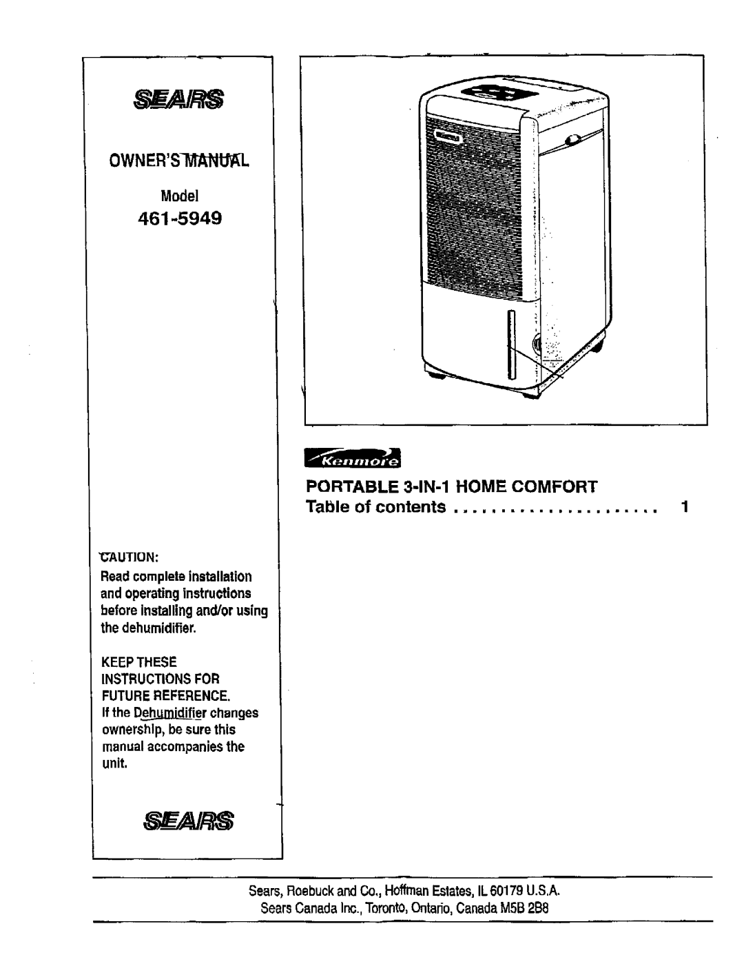 Sears 461-5949 operating instructions Portable 3-1N-1 Home Comfort 