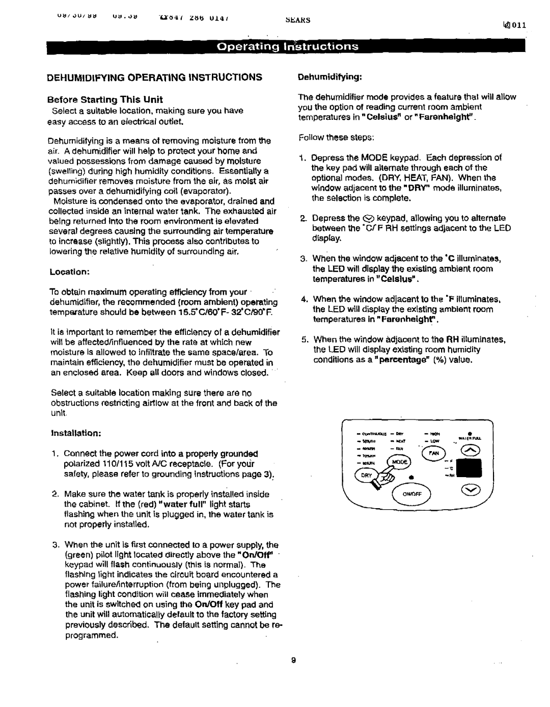 Sears 461-5949 operating instructions Dehumidifying Operating Instructions 