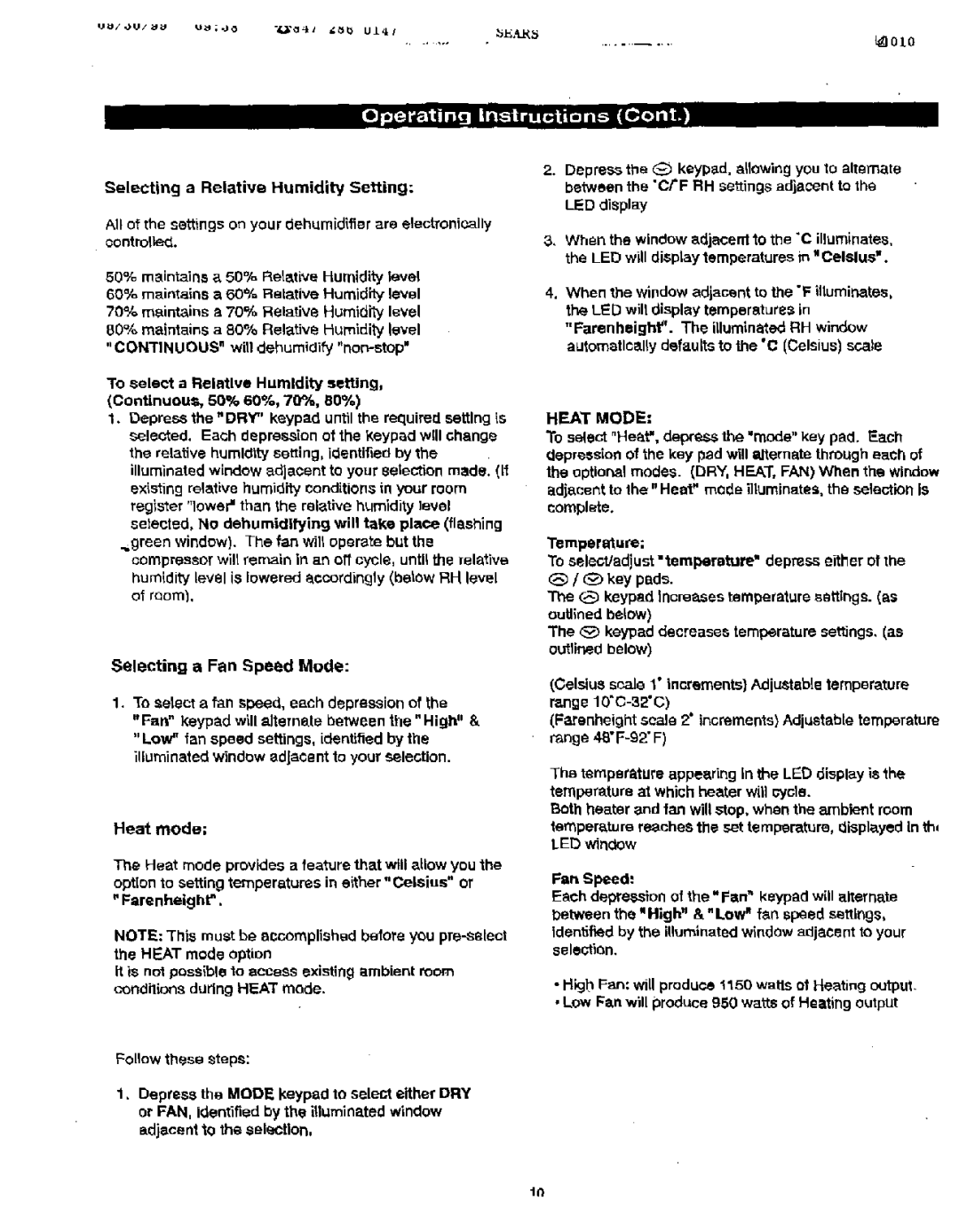 Sears 461-5949 operating instructions Heat Mode 