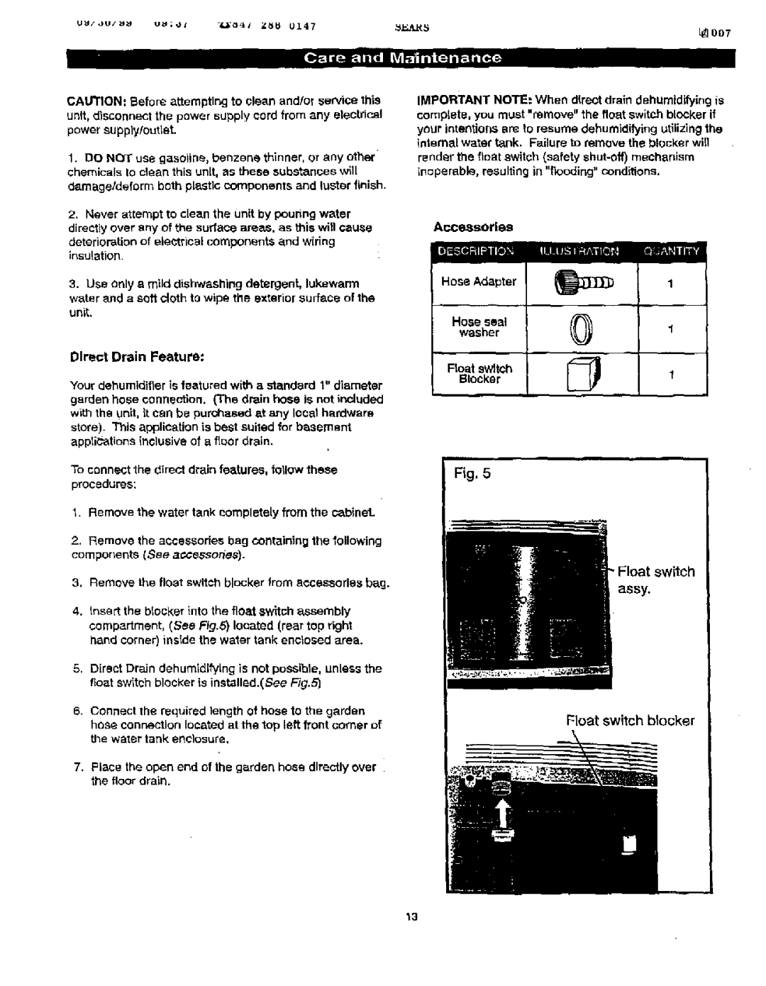 Sears 461-5949 Accessories, Float switch Blocker1, Procedures, Remove the water tank completely from the cabinet 