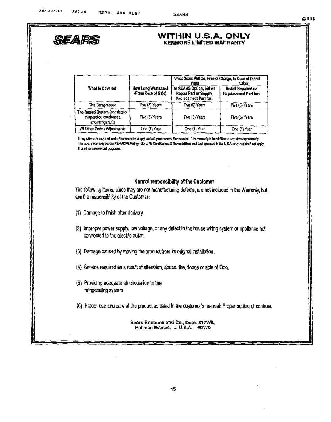 Sears 461-5949 Kenmorie Limited Warranty, Fe15Years, Pfear, Providingadequateaircirculationto the. refrigeratingsystem 