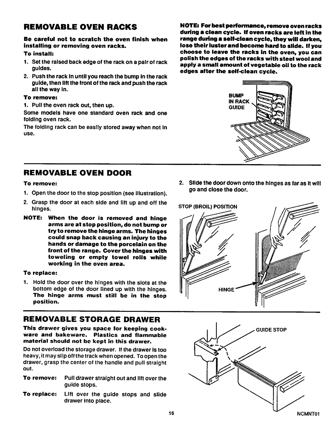 Sears 46521, 46525, 46520 warranty Removable Oven Racks, Removable Oven Door, Removable Storage 