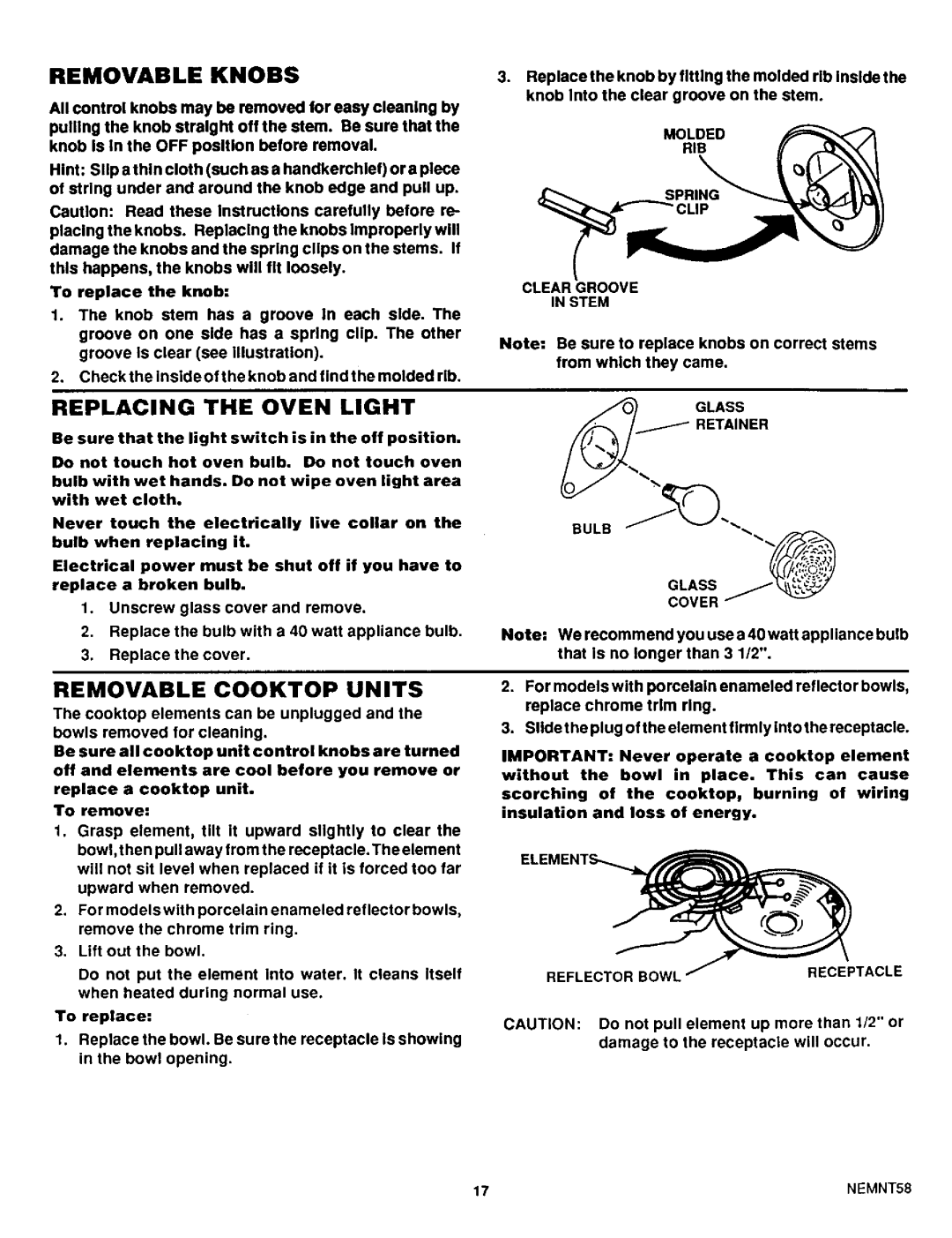 Sears 46525, 46520, 46521 warranty Removable Knobs, Replacing the Oven Light, Removable Cooktop Units 