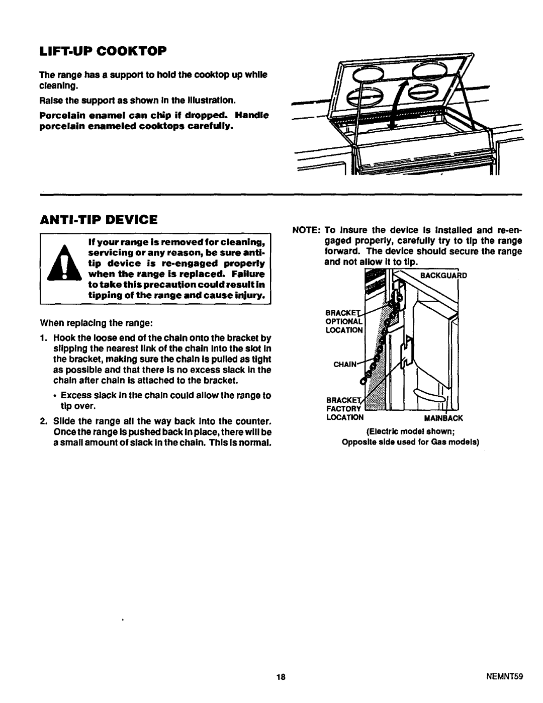 Sears 46520, 46525, 46521 warranty LIFT-UP Cooktop, ANTI-TIP Device, Backguard, Factor Locationmainback 