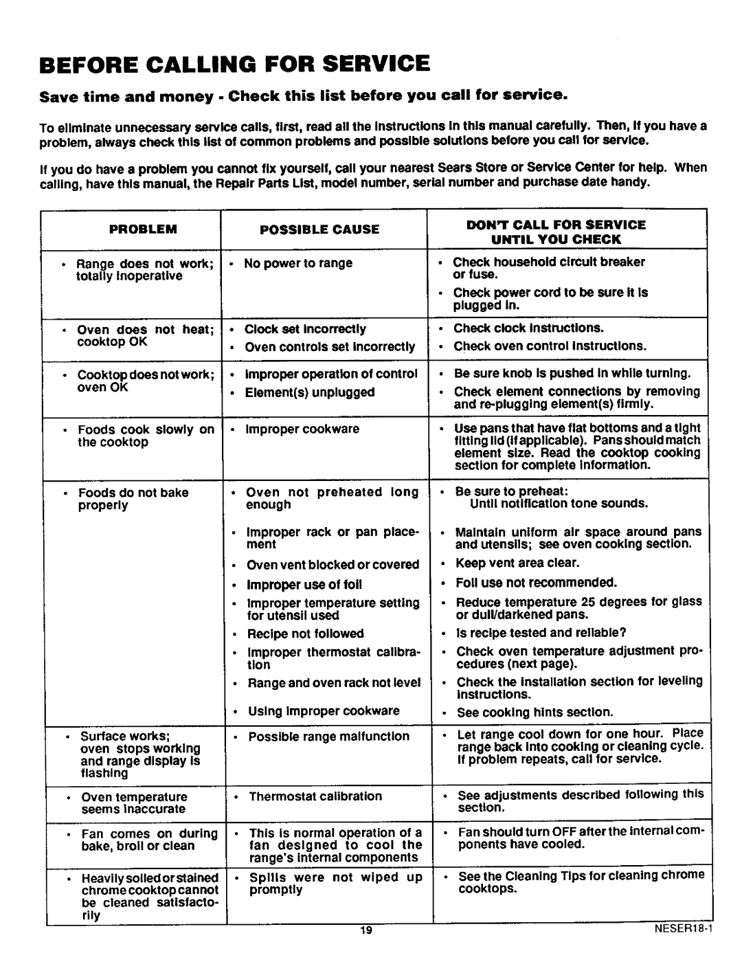 Sears 46521, 46525, 46520 warranty Before Calling for Service, Problem Possible Cause, Dont Call for Service Until YOU Check 