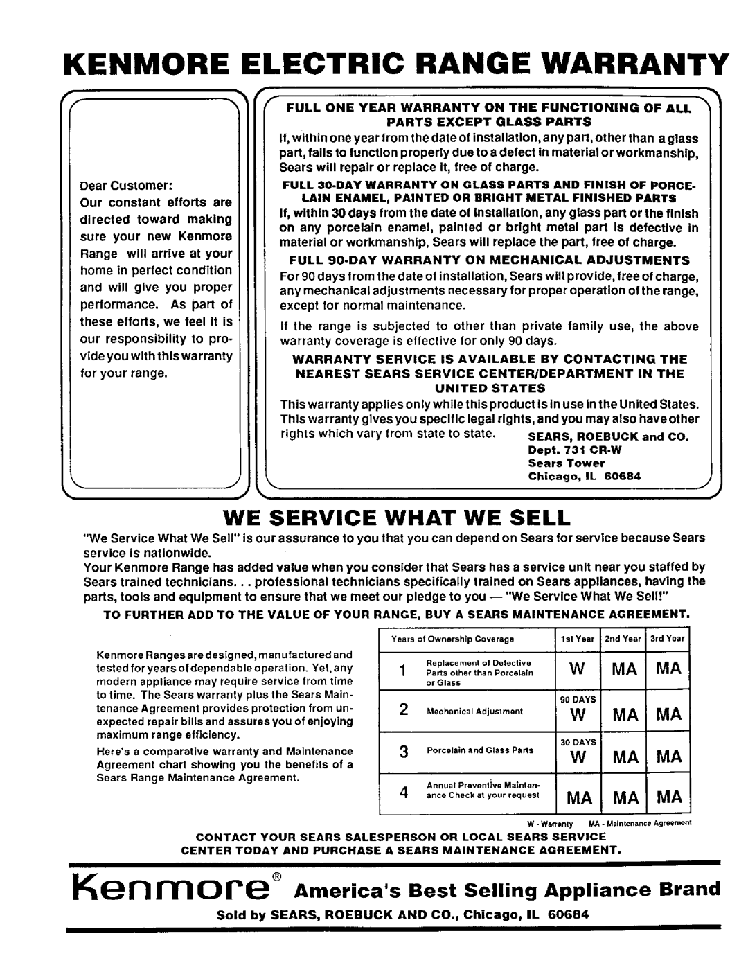 Sears 46525, 46520, 46521 warranty Kenmore Electric Range Warranty 