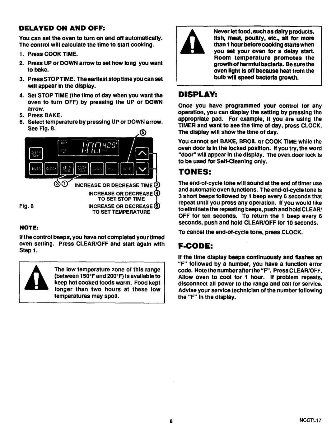 Sears 46525, 46520, 46521 warranty Tones, Code, To SET Stop Time, To SET Temperature, NCCTL17 