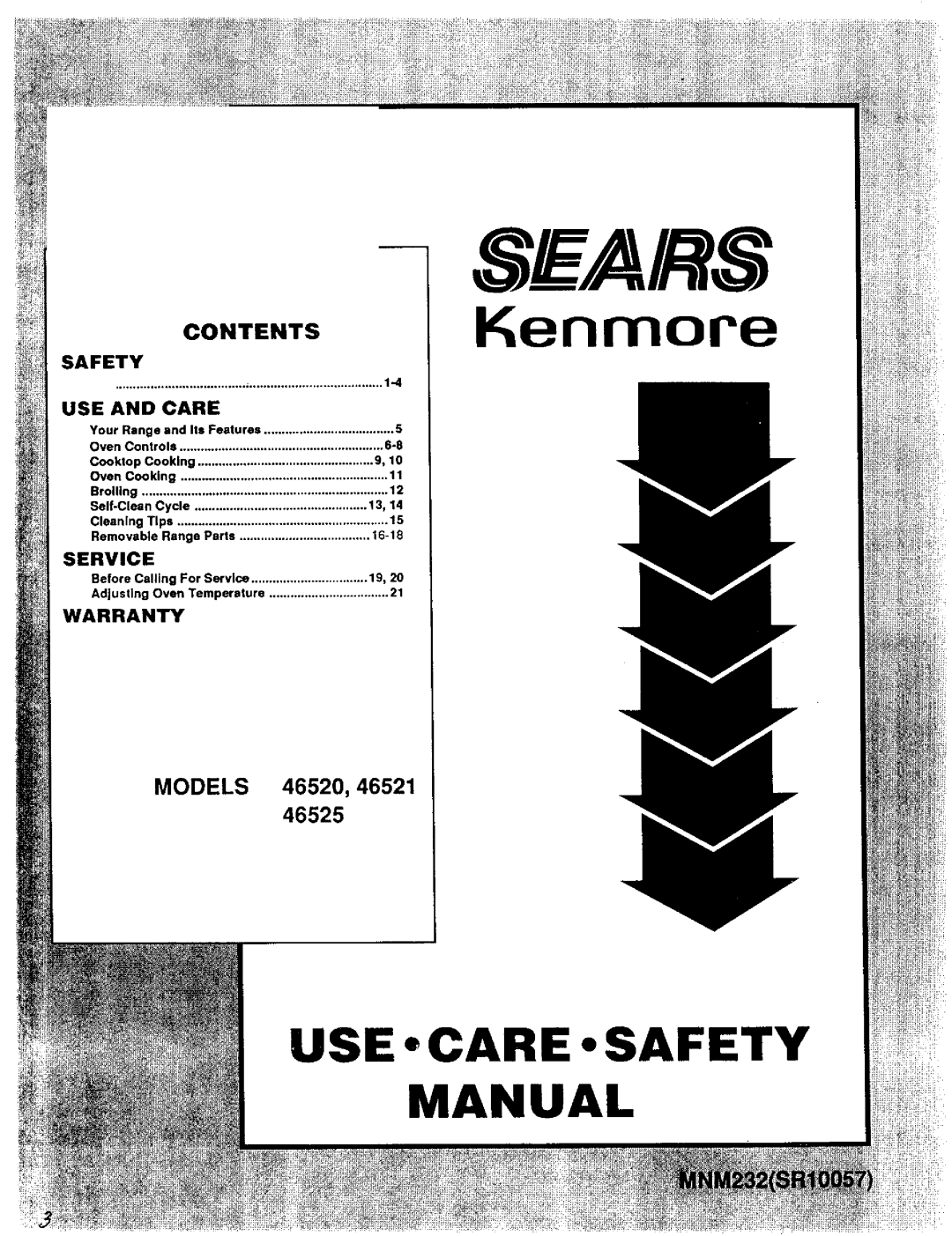 Sears warranty Kenmore, Contents, MODELS 46520,46521, Use And Care, Service, Warranty, Se A/Rs, Use Care Safety 