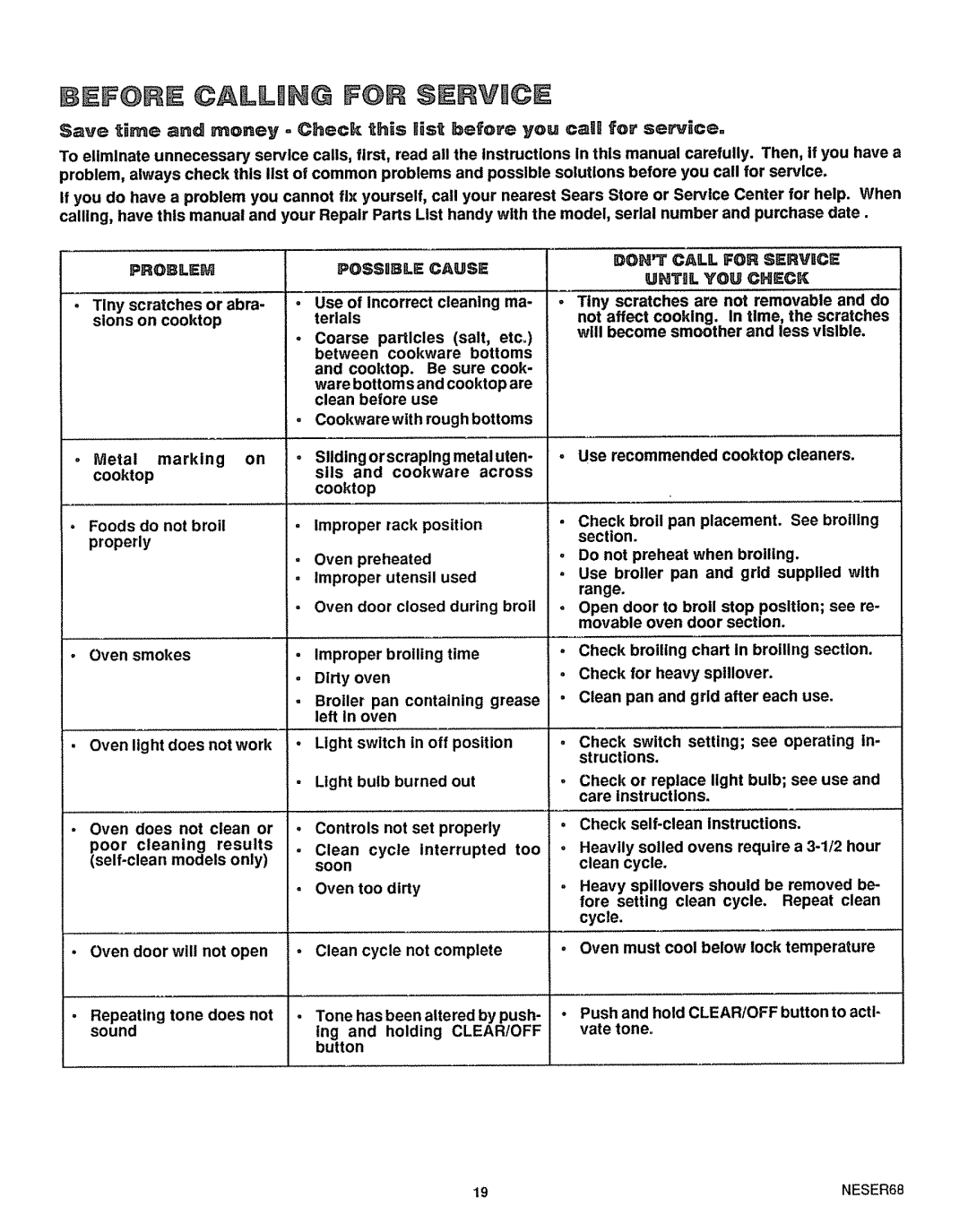 Sears 46729, 46725 manual Problem Posssle Cause DON Call for Servbce, YOU Cihieck, Clear/Off 