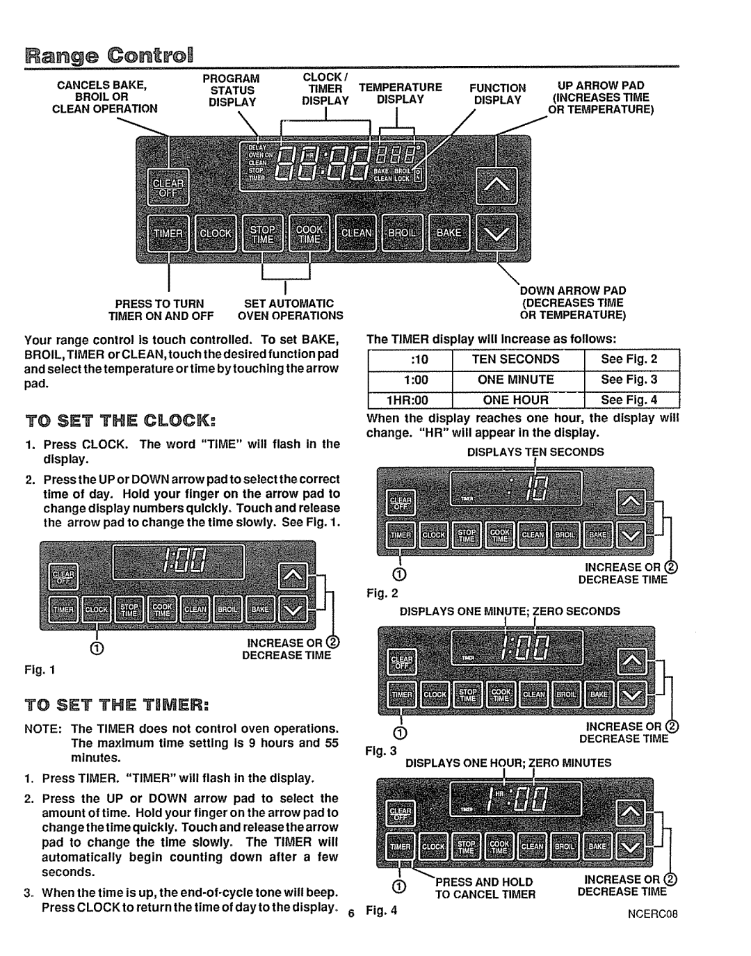 Sears 46725, 46729 Clock Temperature Function, Timer, Display, Down Arrow PAD Decreases Time or Temperature, TEN Seconds 