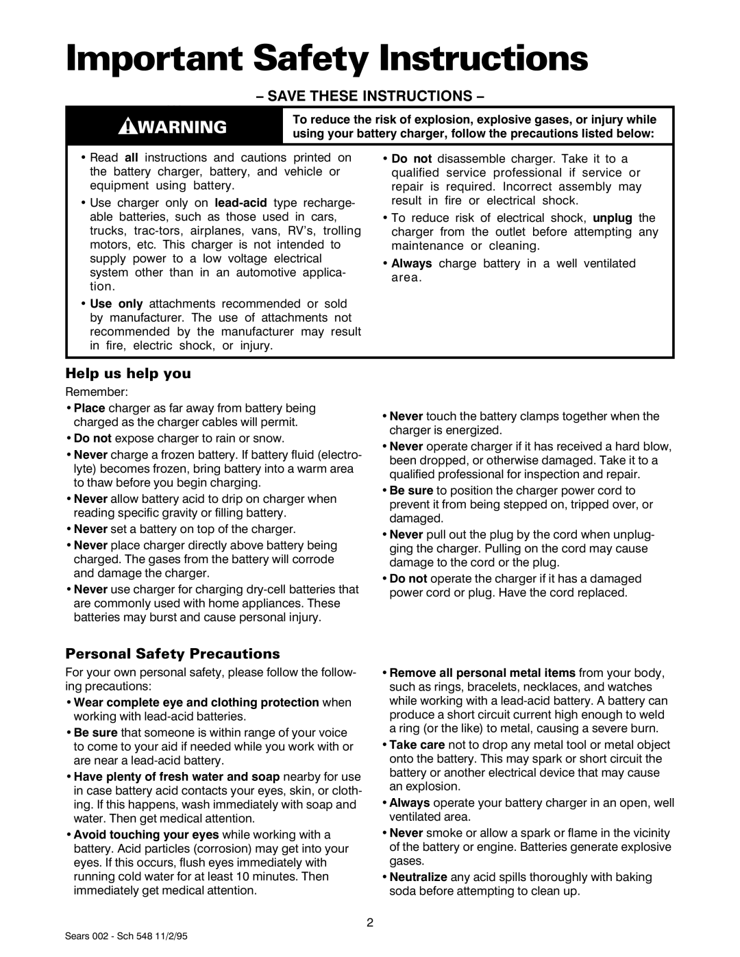 Sears 47002 owner manual Important Safety Instructions, Help us help you, Personal Safety Precautions 