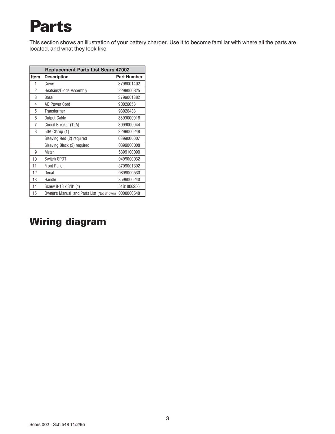 Sears 47002 owner manual Parts, Wiring diagram 