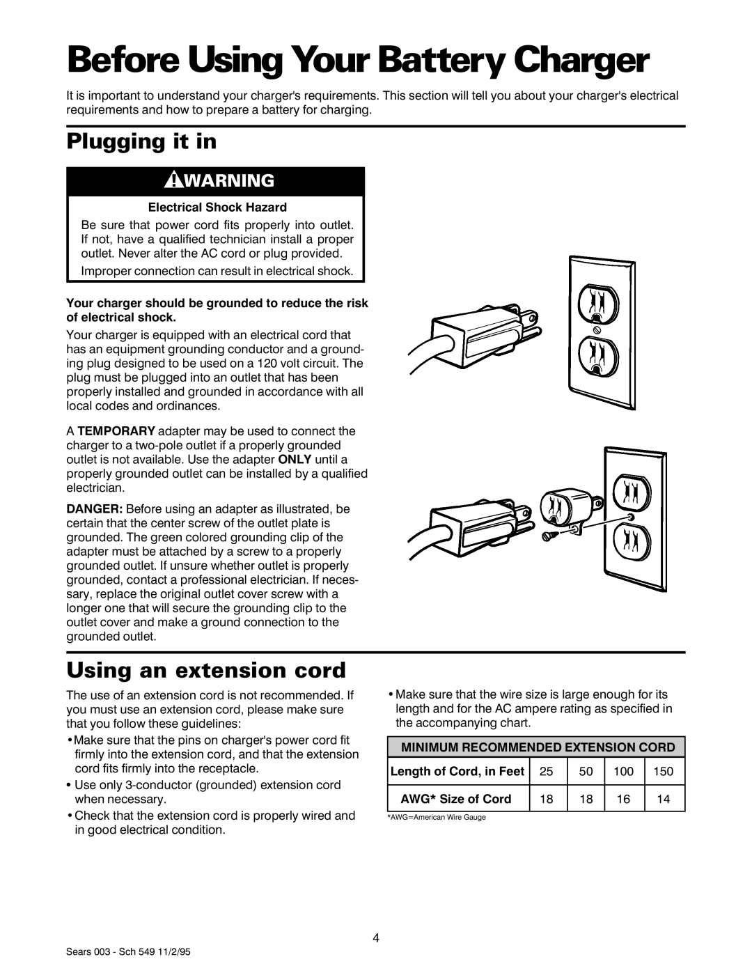 Sears 47003 Before Using Your Battery Charger, Plugging it, Using an extension cord, Minimum Recommended Extension Cord 