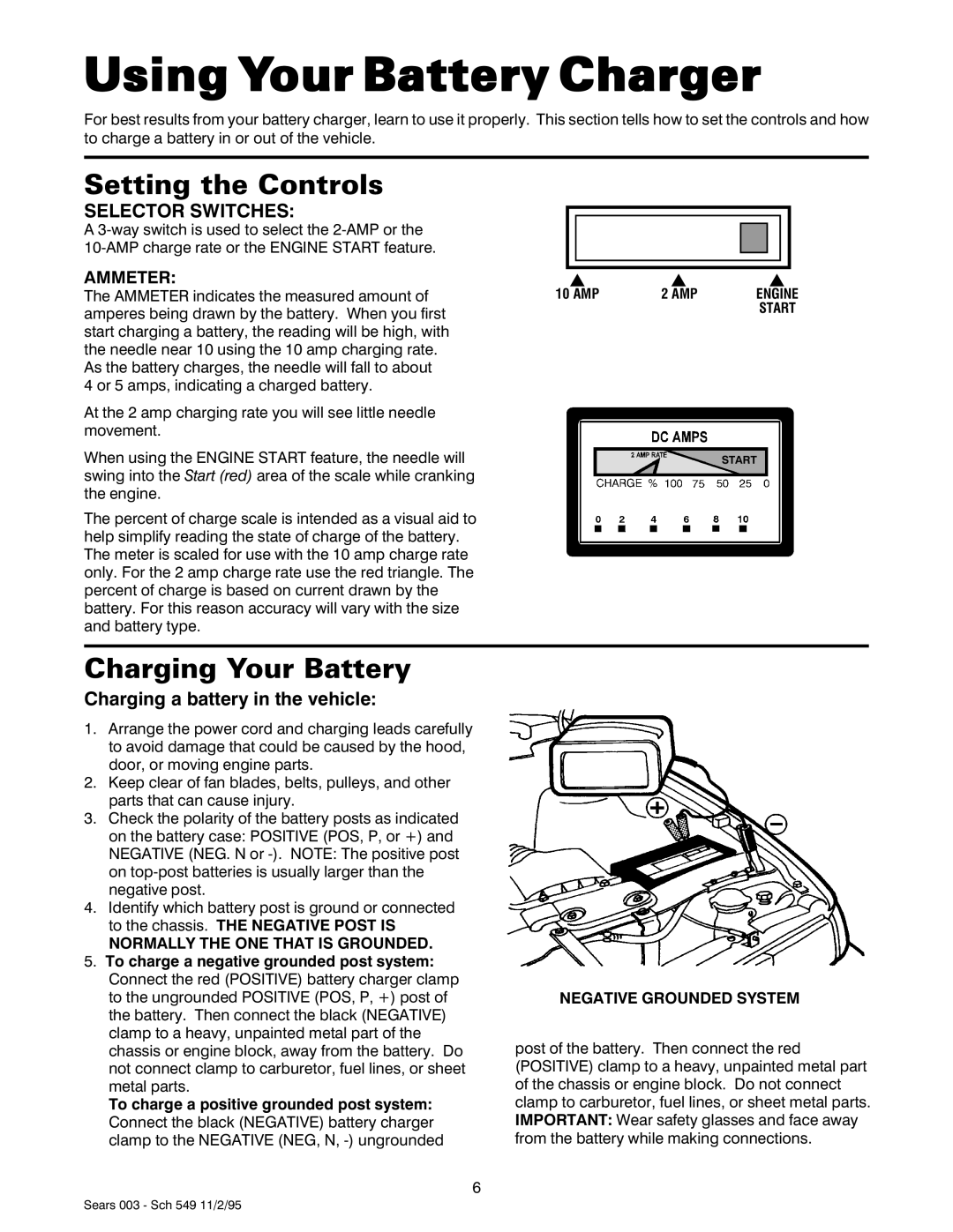 Sears 47003 Using Your Battery Charger, Setting the Controls, Charging Your Battery, Charging a battery in the vehicle 