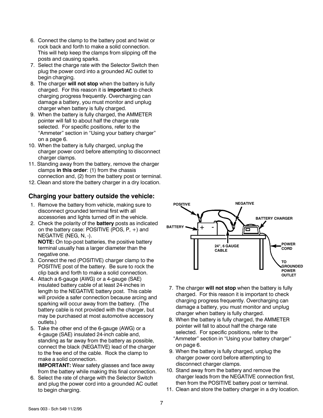 Sears 47003 owner manual Charging your battery outside the vehicle 