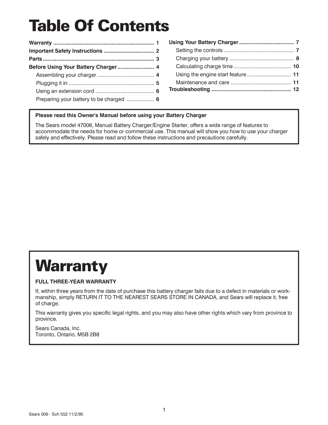 Sears 47006 owner manual Table Of Contents, Warranty 