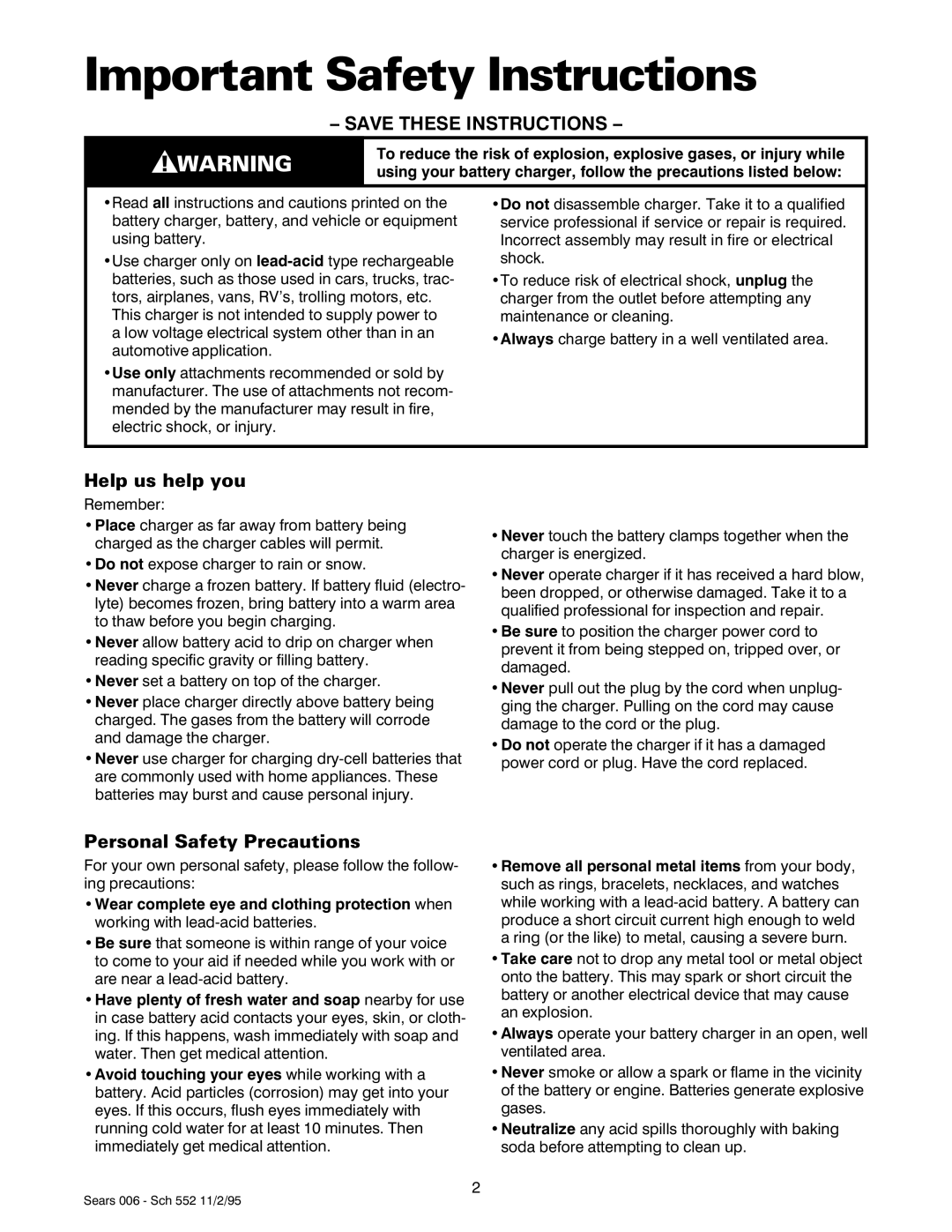 Sears 47006 owner manual Important Safety Instructions, Help us help you, Personal Safety Precautions 