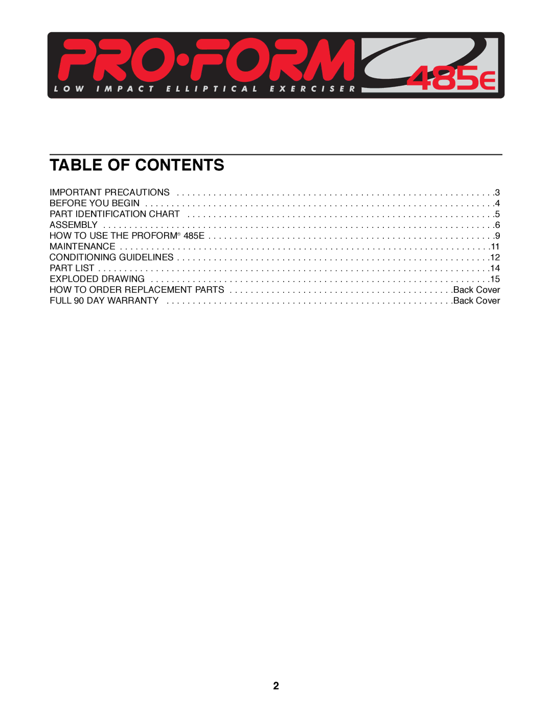 Sears 485E user manual Table of Contents 