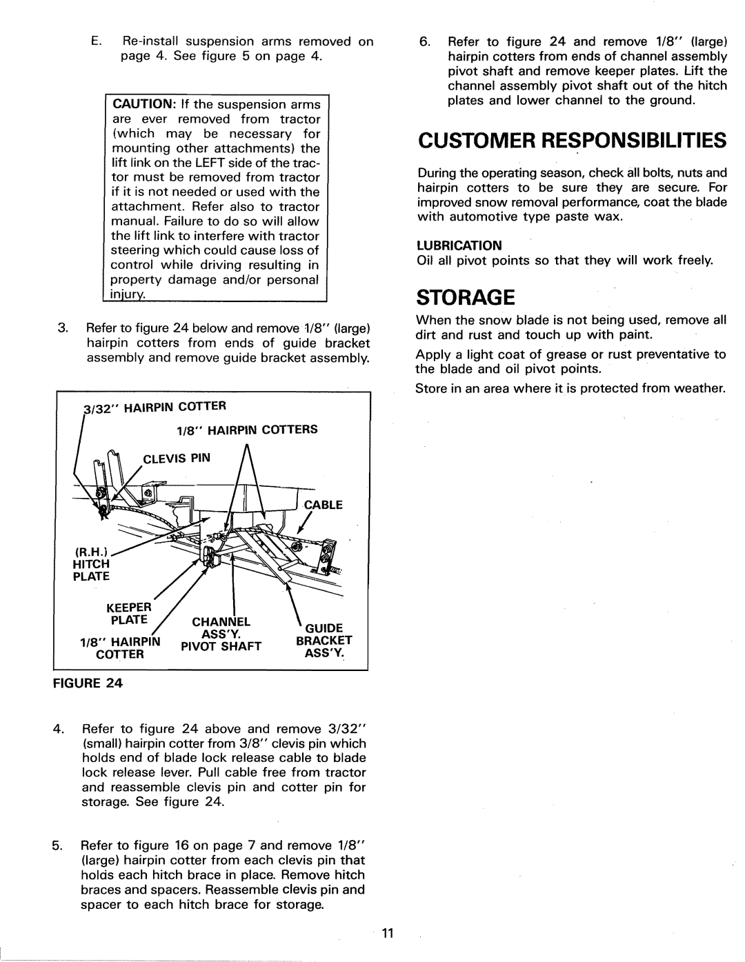 Sears 486.244062 owner manual Customer Responsibilities, Storage, r32 HAIRPIN COTTER 1/8 HAIRPIN COTTERS CLEVIS PIN 
