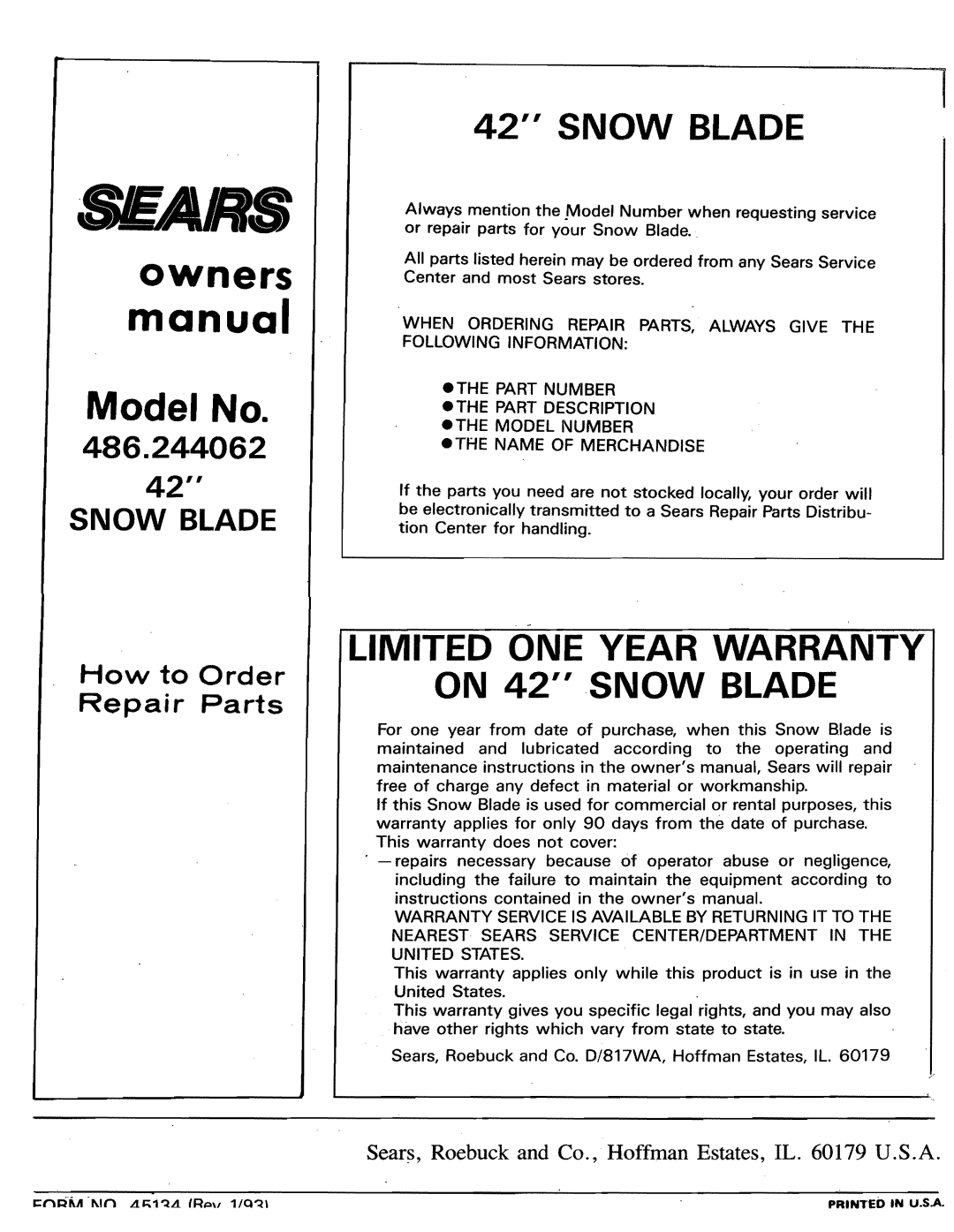 Sears 486.244062 owners, LIMITED ONE YEAR WARRANTY ON 42 SNOW BLADE, How to Order Repair Parts, manual, Model No 