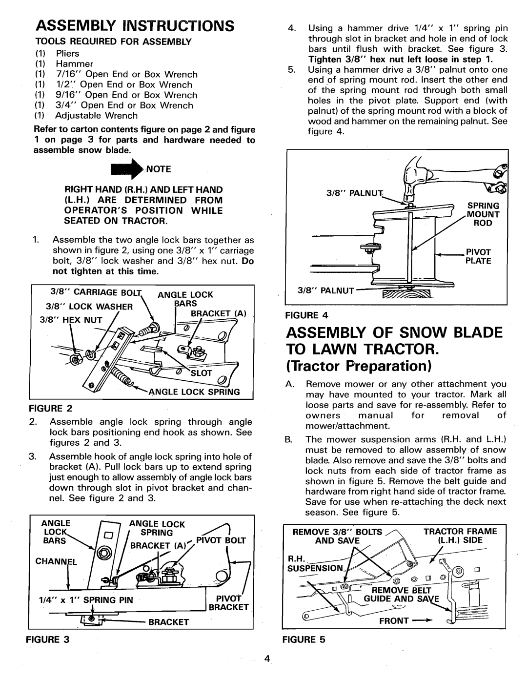 Sears 486.244062 MouNT, Assembly Instructions, Assembly Of Snow Blade To Lawn Tractor, Tractor Preparation, LocK, > 