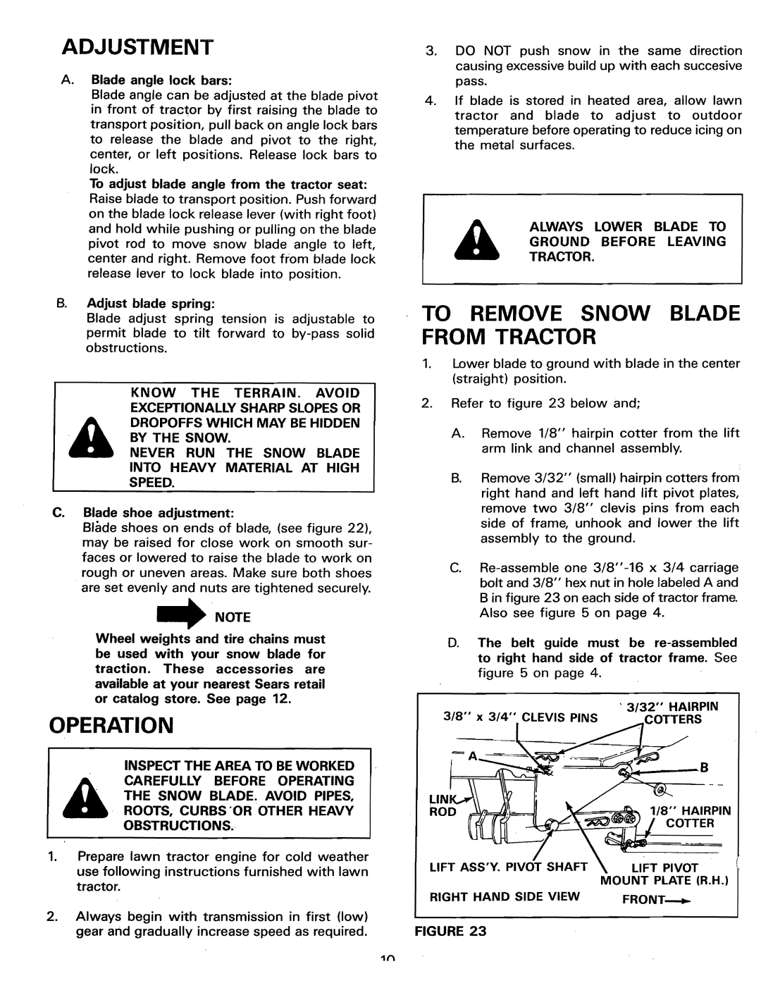 Sears 486.244062 Adjustment, To Remove Snow Blade from Tractor, Ground Before Leaving Always Lower Blade to Tractor 