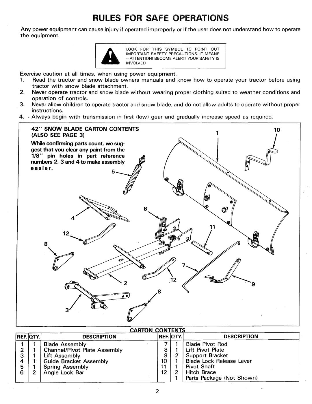 Sears 486.244062 Rules for Safe Operations, Blade Carton Contents Also see, Carton Contents REF. QTY Description 