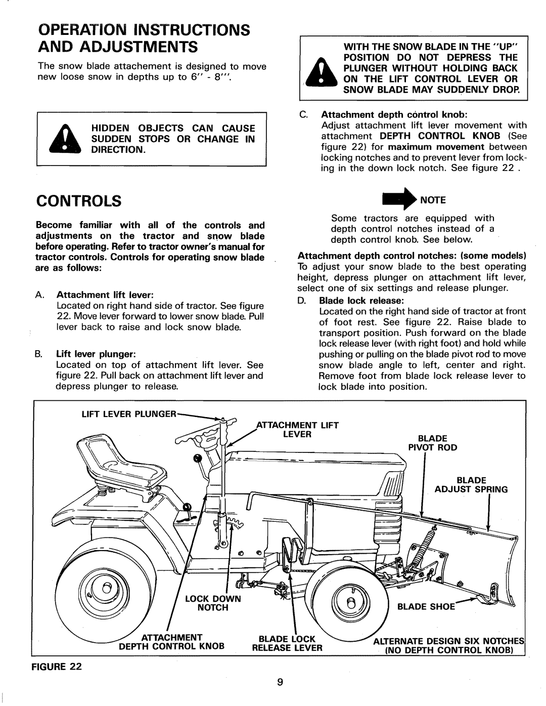 Sears 486.244062 Operation Instructions Adjustments, Controls, Sudden Stops or Change Hidden Objects can Cause Direction 