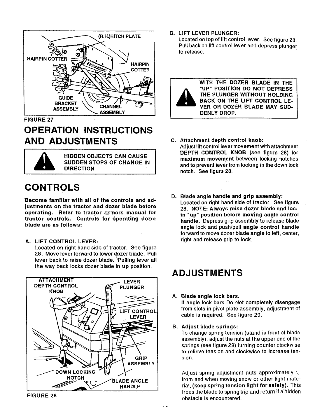 Sears 486.24412 owner manual Adjustments, Sudden Stops of Change Hidden Objects can Cause Direction, Lift Control Lever 