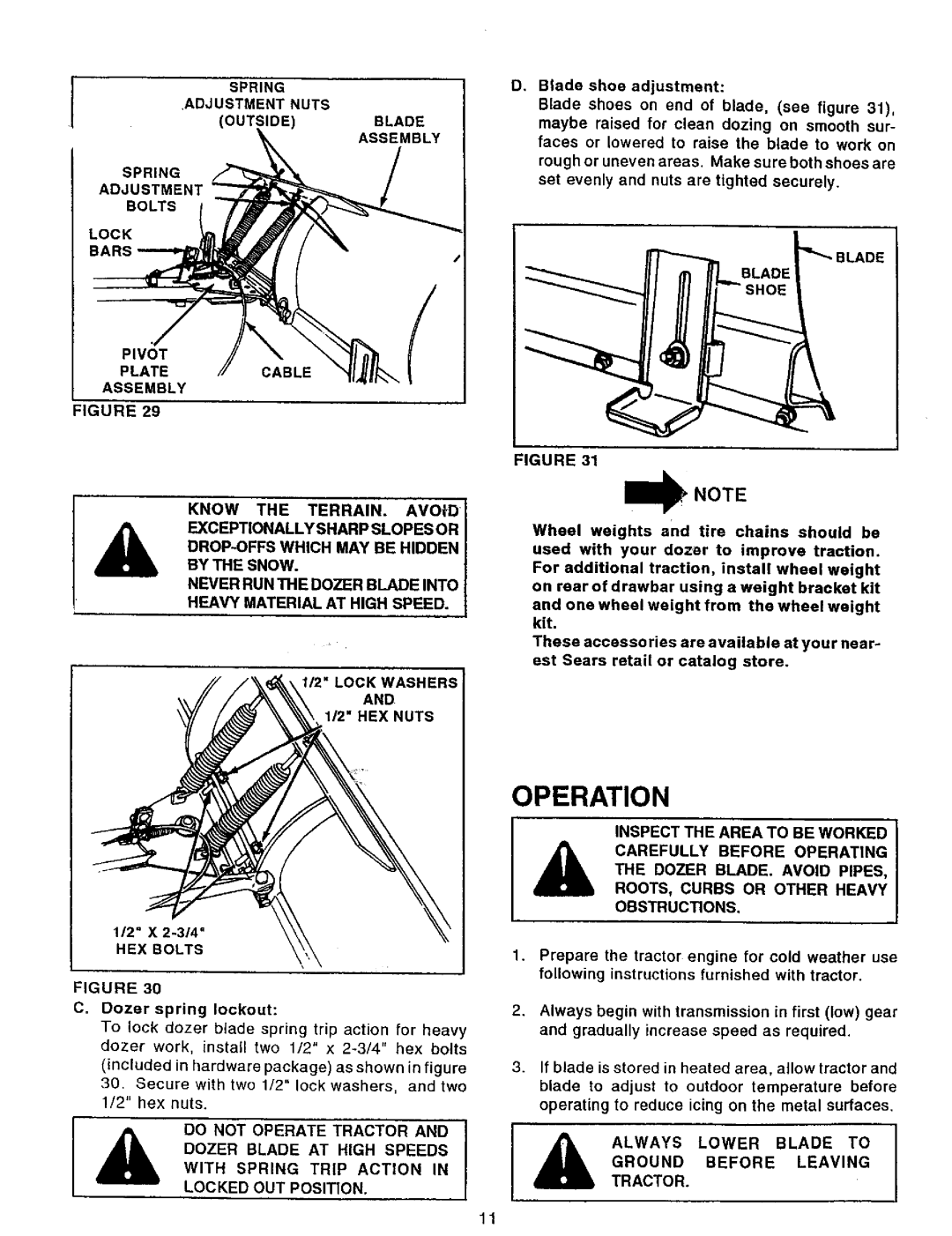 Sears 486.24412 owner manual Operation, Ground Before Leaving Always Lower Blade to Tractor 