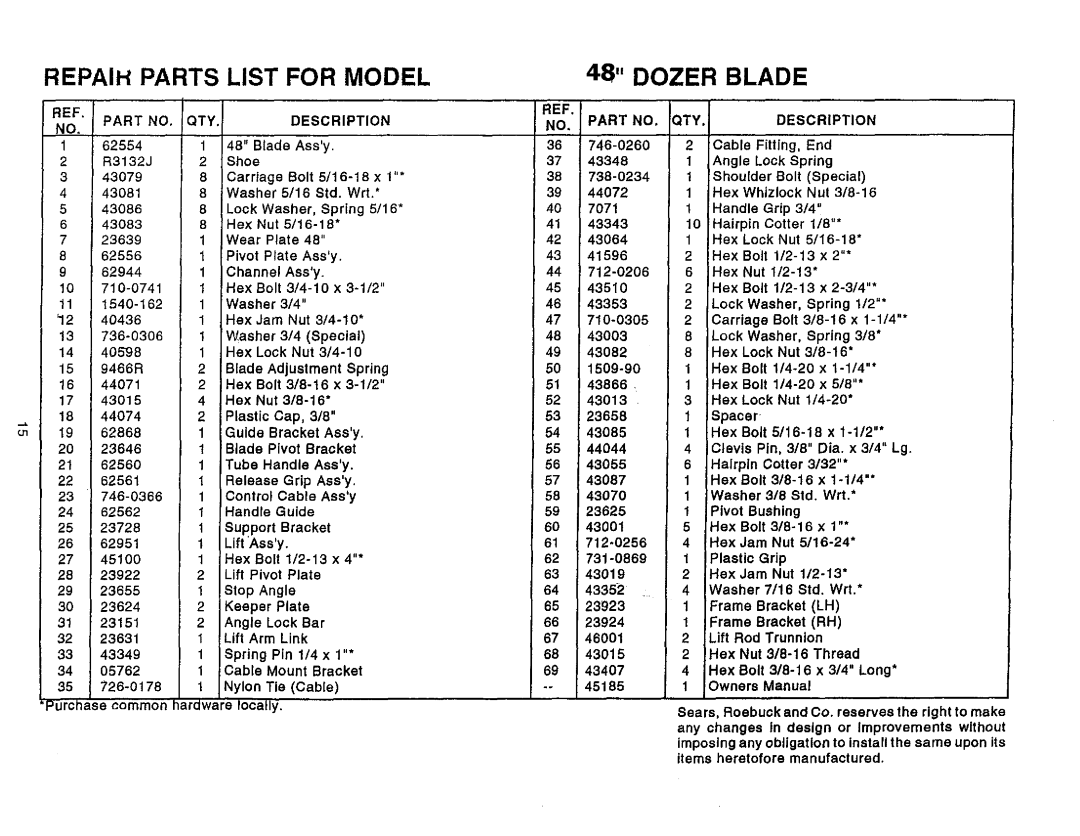 Sears 486.24412 owner manual Repaih Parts List For Model, Nut 3/8-16, Bolt 3/8-16, rame, Dozer Blade 