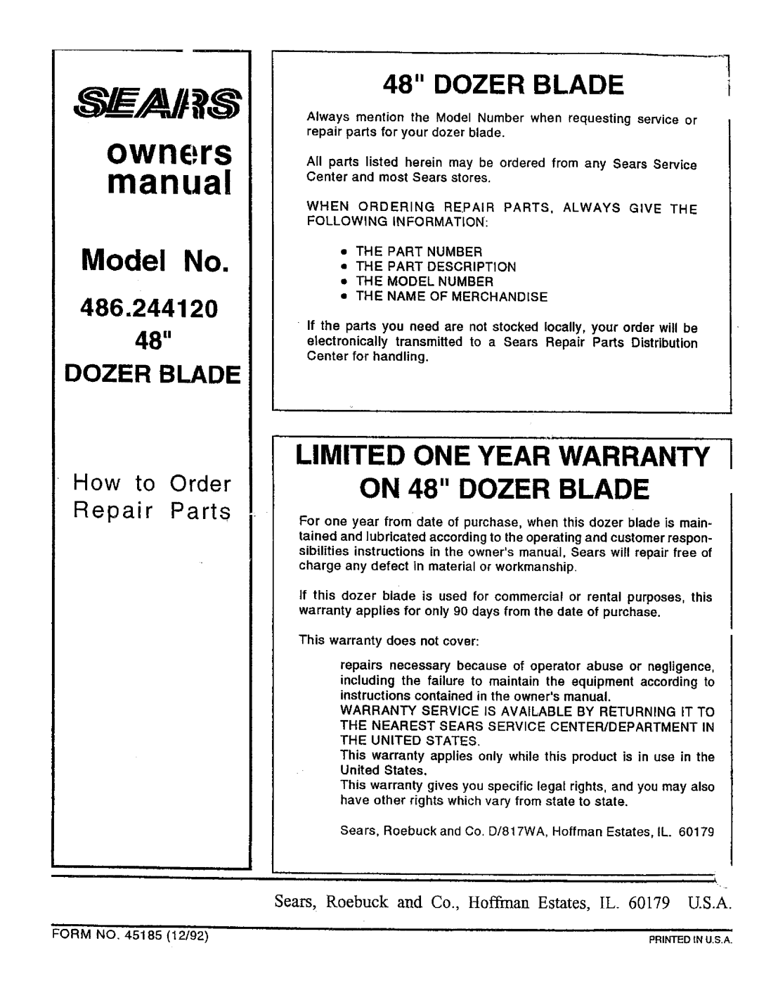 Sears owner manual Model No B, Dozer Blade, Limited One Year Warranty, 486.2441201, ON 48 DOZER BLADE 