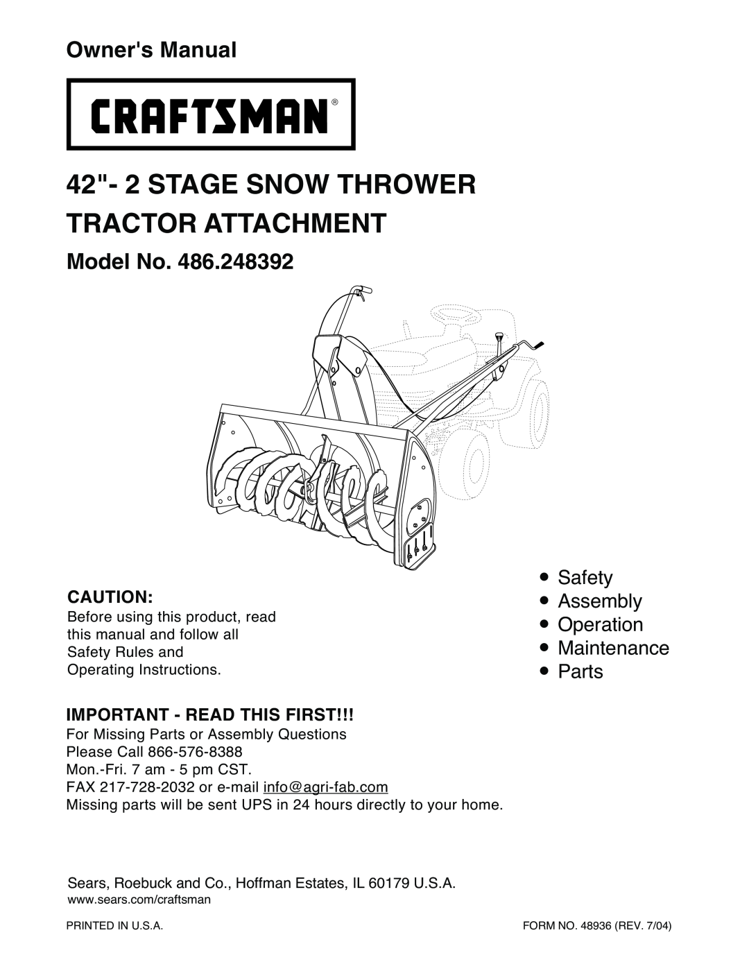 Sears 486.248392 owner manual Model No, Important - Read This First, 42- 2 STAGE SNOW THROWER TRACTOR ATTACHMENT 