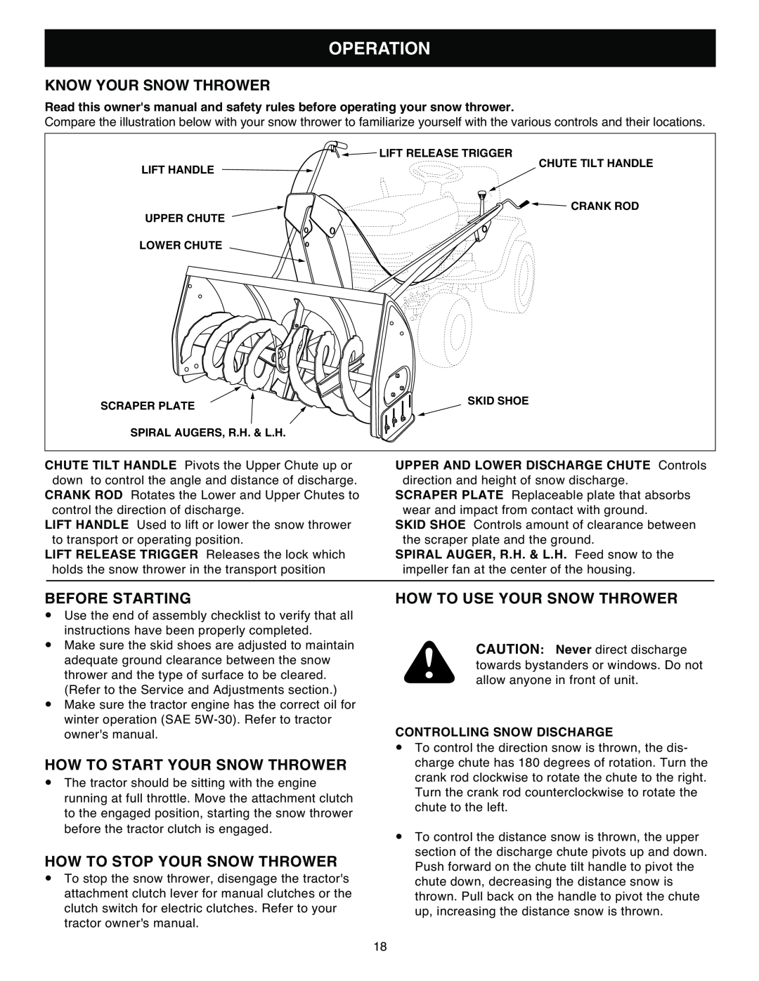 Sears 486.248392 owner manual Operation, Know Your Snow Thrower, Before Starting, How To Start Your Snow Thrower 