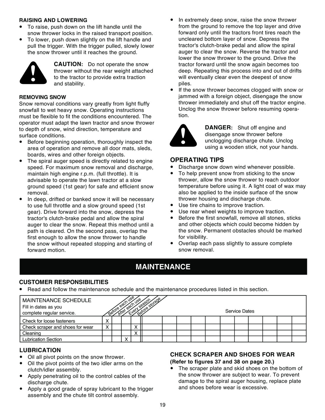 Sears 486.248392 Maintenance, Operating Tips, Customer Responsibilities, Lubrication, Check Scraper And Shoes For Wear 